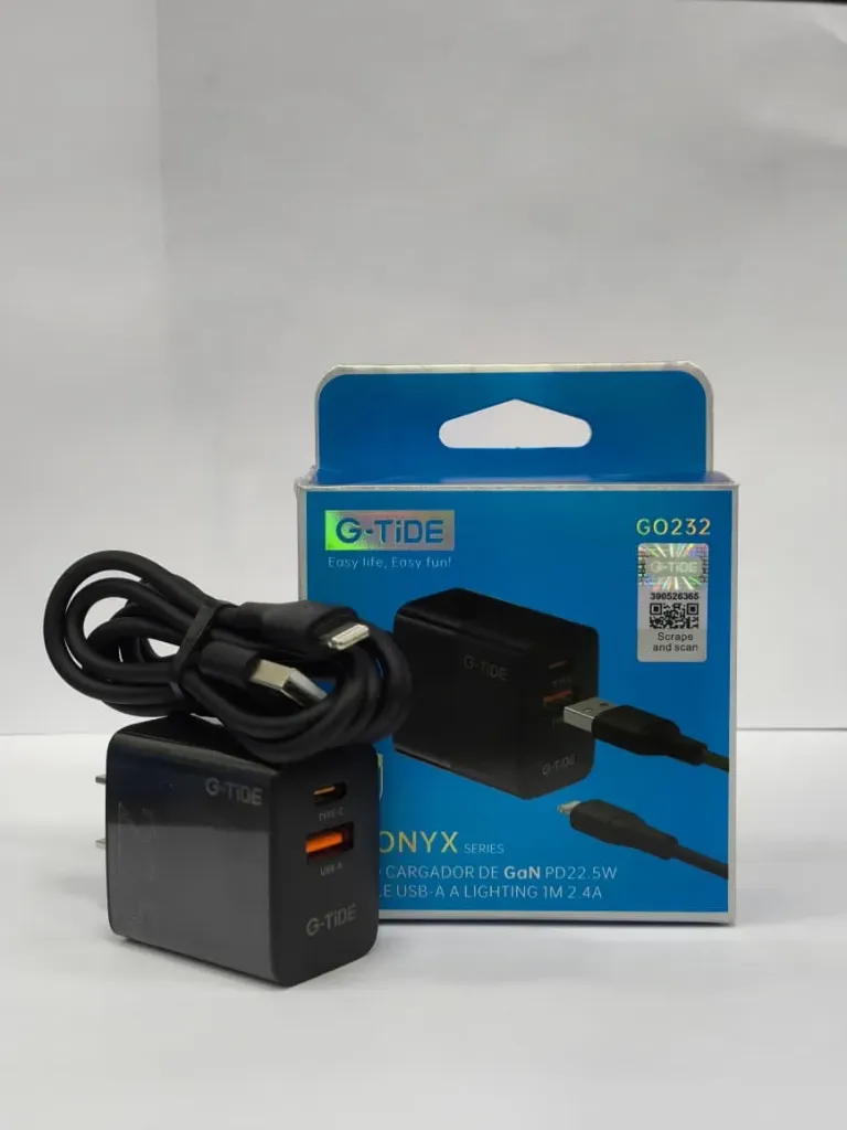 [124554] CARGADOR COMBO G-TIDE GO232 PD 22.5W TIPO USB-A A LIGHTING CABLE 1M (Negro)