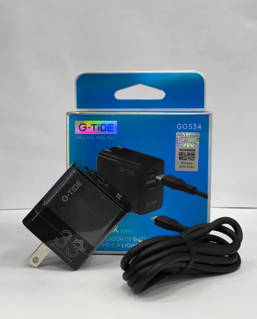[130222] Cargador combo G-TIDE GO334 PD 33W TIPO C A LIGHTNING CABLE 1M (Negro)