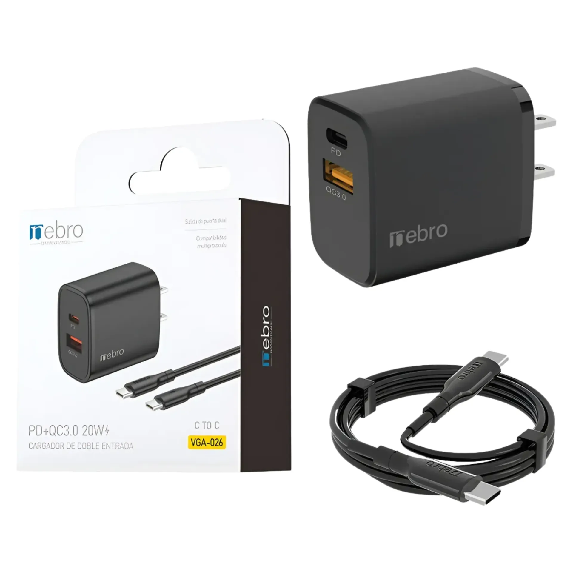 [120193] CARGADOR NEBRO VGA-026 COMBO USB A TIPO C 20W CON CABLE (Negro)