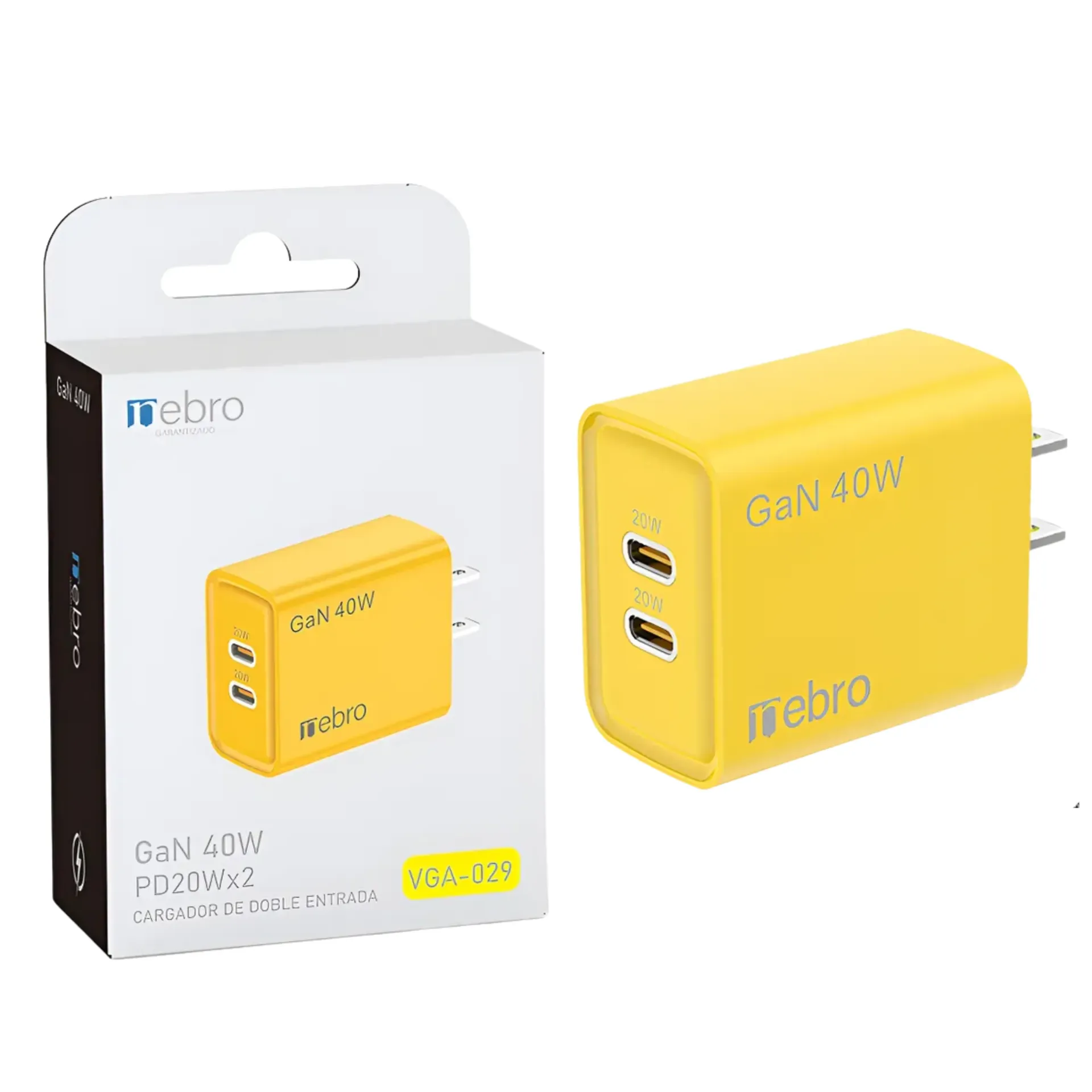 [130558] CARGADOR NEBRO VGA-029 CUBO PD2 GAN 40W SIN CABLE (Amarillo)