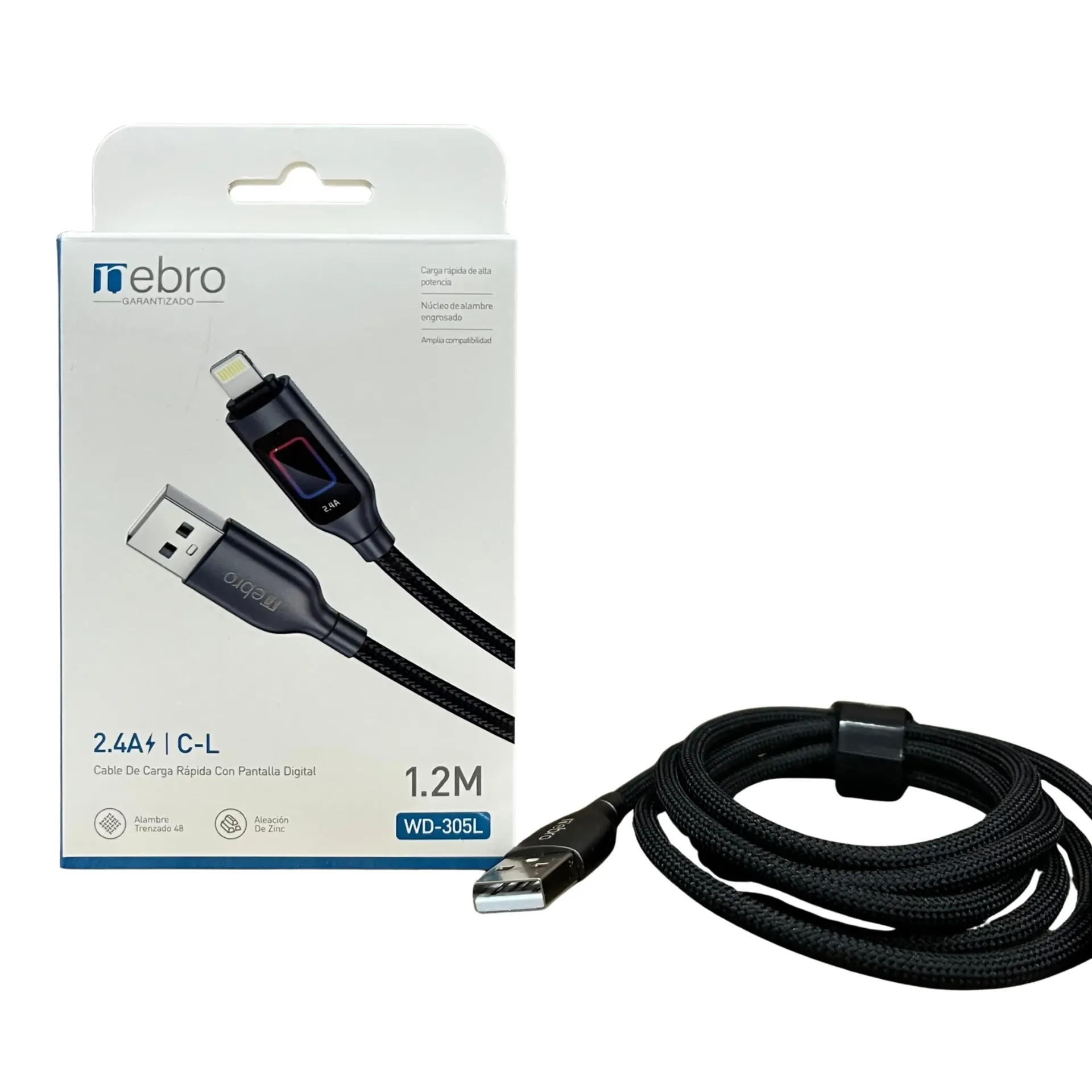 CABLE NEBRO WD-305L DATOS DE CARGA RAPIDA CON PANTALLA DIGITAL USB A IP 2.4W 1.2M