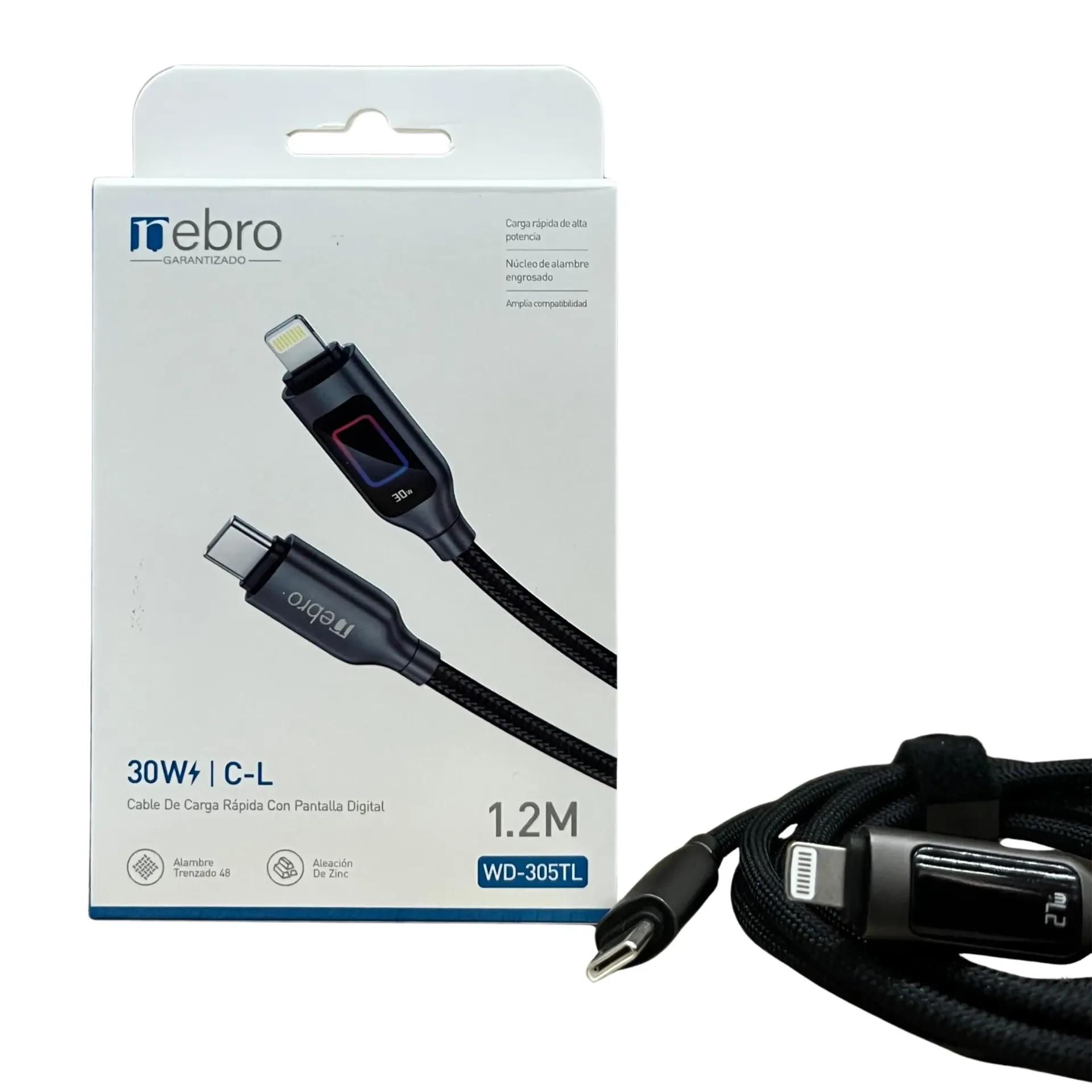 [105274] CABLE NEBRO WD-305TL DATOS DE CARGA RAPIDA CON PANTALLA DIGITAL TIPO-C A IP 30W 1.2M (Negro)
