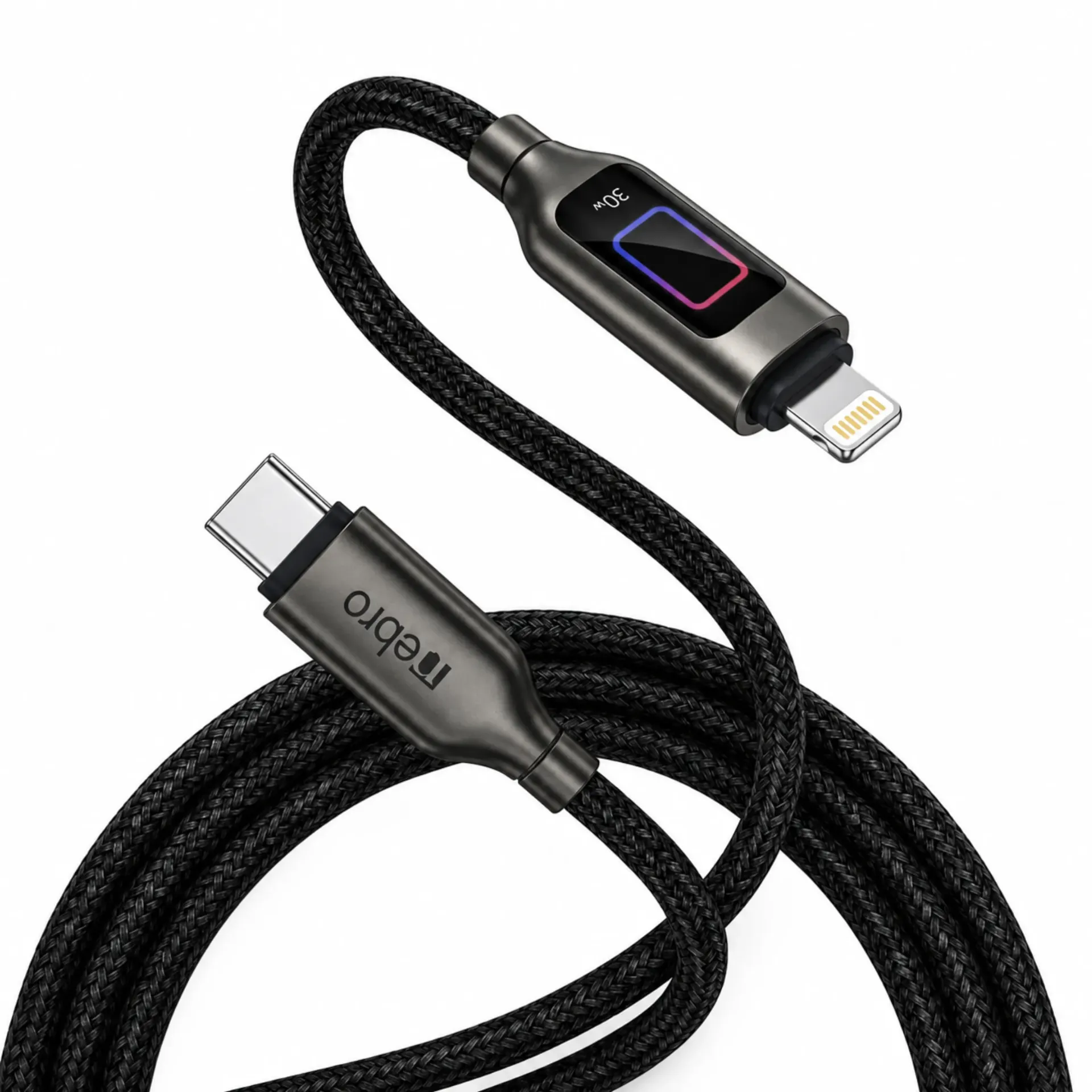 [105274] CABLE NEBRO WD-305TL DATOS DE CARGA RAPIDA CON PANTALLA DIGITAL TIPO-C A LIGHTNING 30W 1.2M (Negro)