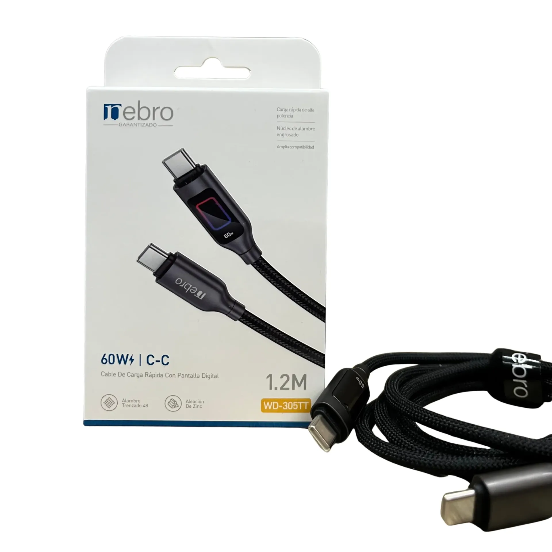 CABLE NEBRO WD-305TT DATOS DE CARGA RAPIDA CON PANTALLA DIGITAL TIPO-C A C 60W 1.2M