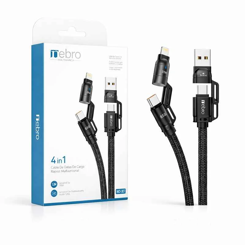 [130407] CABLE NEBRO WD-307 DATOS DE CARGA RAPIDA MULTIFUNCIONAL 4 EN 1 1.2M (Negro)