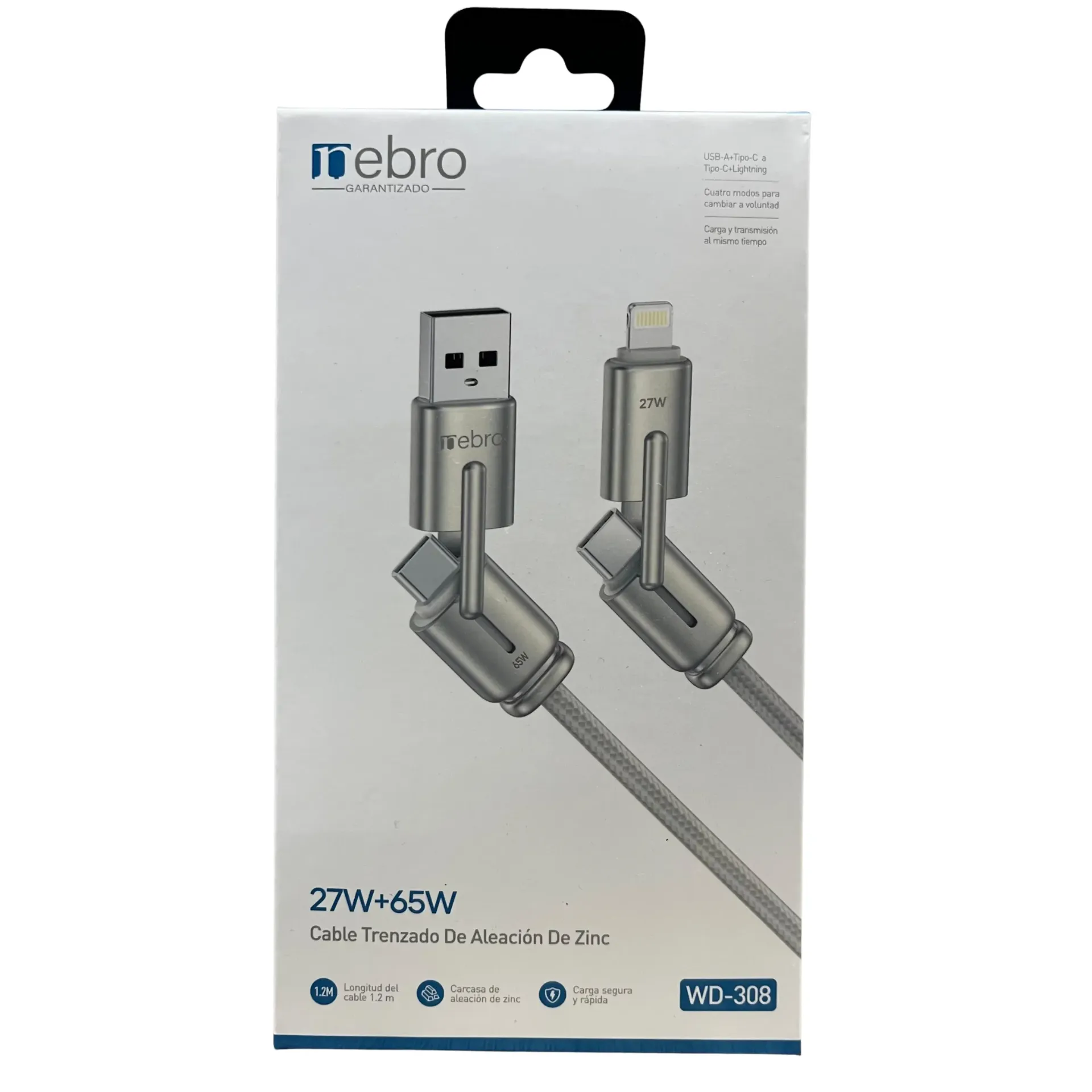 [130427] CABLE NEBRO WD-308 DATOS DE TRENZADO 4 EN 1 27W+65W 1.2M (Gris)
