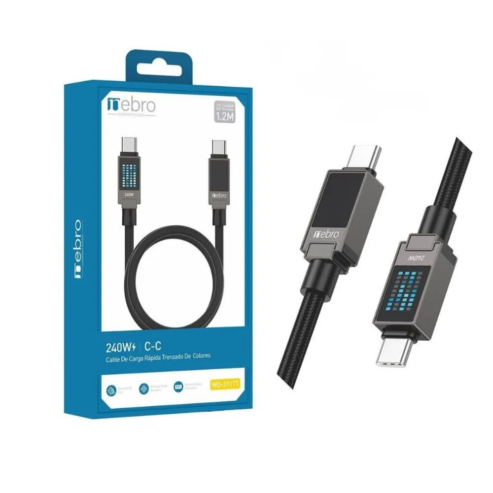 CABLE NEBRO WD-311TT CARGA RAPIDA TRENZADO TIPO-C A C 240W 1.2