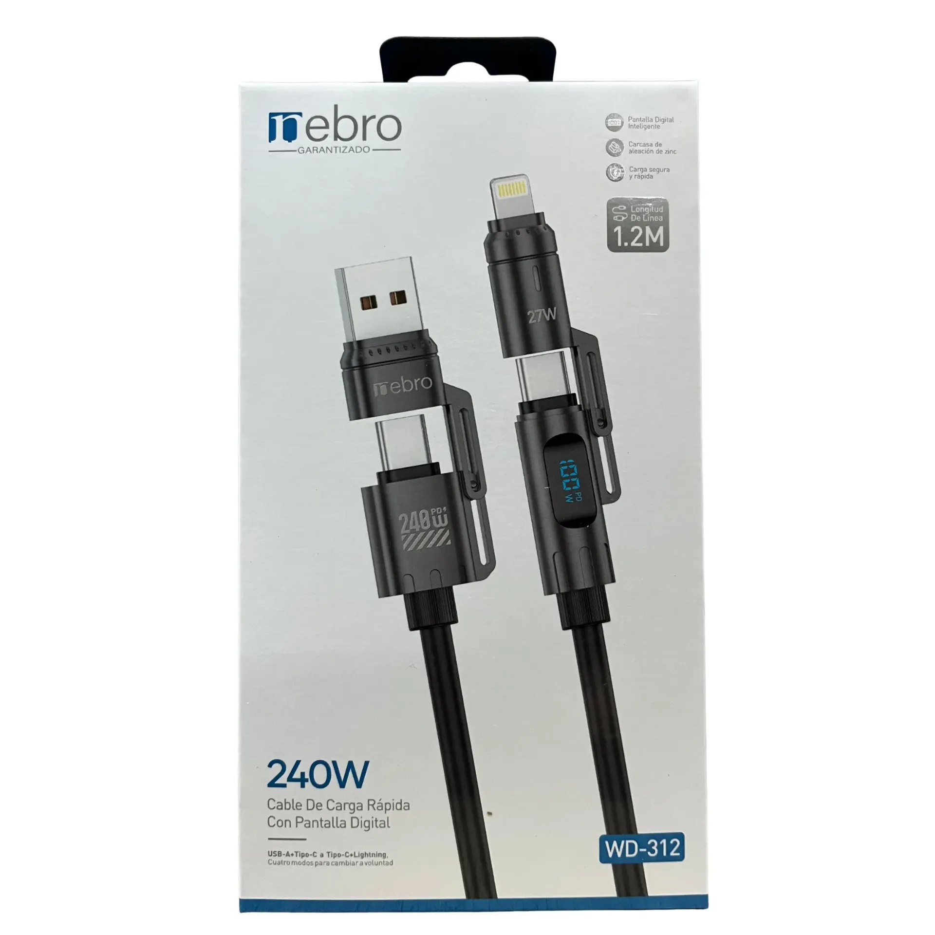 [131047] CABLE NEBRO WD-312 CARGA RAPIDA PANTALLA DIGITAL 4 EN 1 240W 1.2M (Negro)
