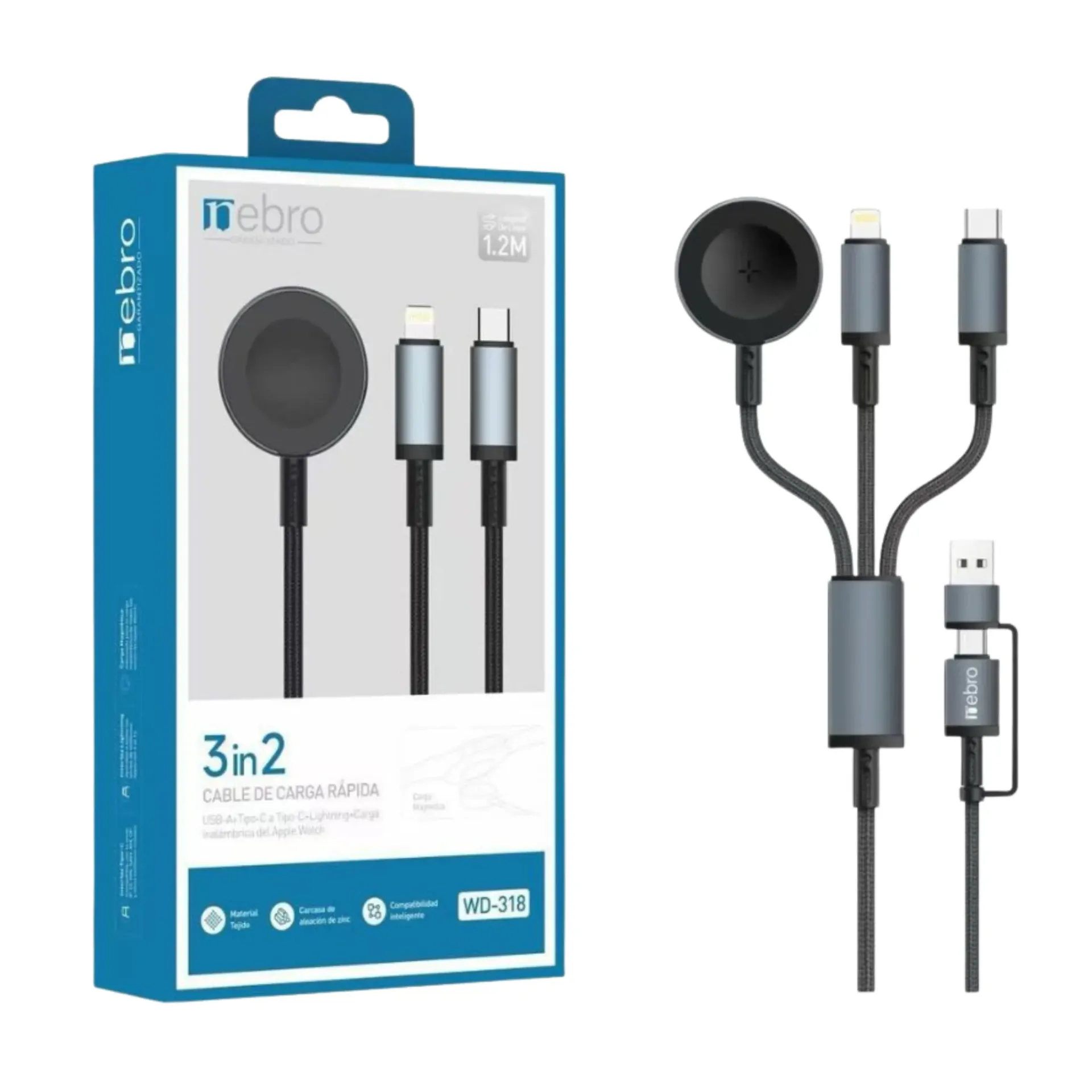 [131081] CABLE NEBRO WD-318 CARGA RAPIDA 3 EN 2 USB-A+TIPO-C+LIGHTNING+ CARGA INALAMBRICA APPLE WATCH 1.2M (Negro)