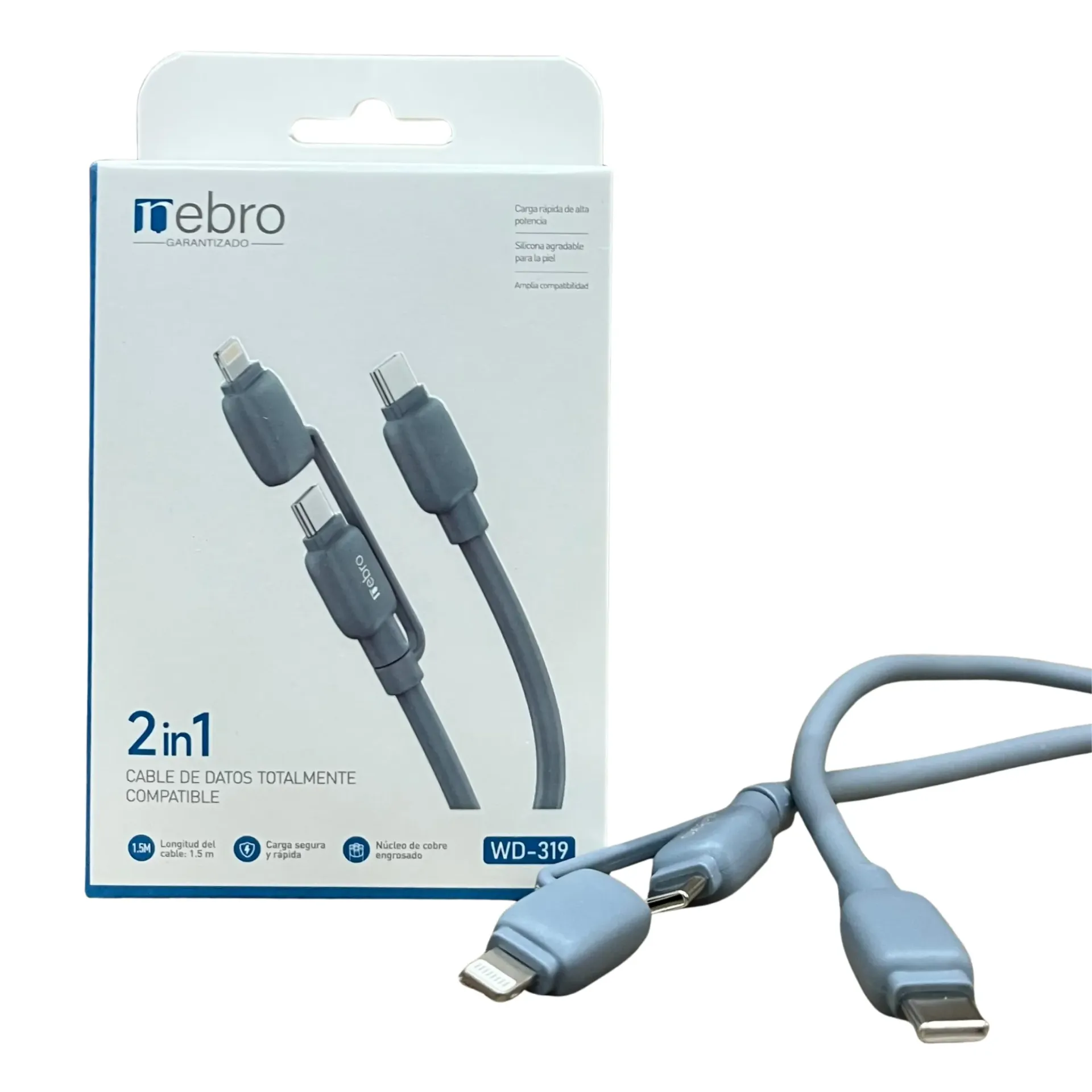 [131082] CABLE NEBRO WD-319 DATOS 2 EN 1 TIPO-C A TIPO-C + TIPO-C A LIGHTNING 1.5M (Gris)