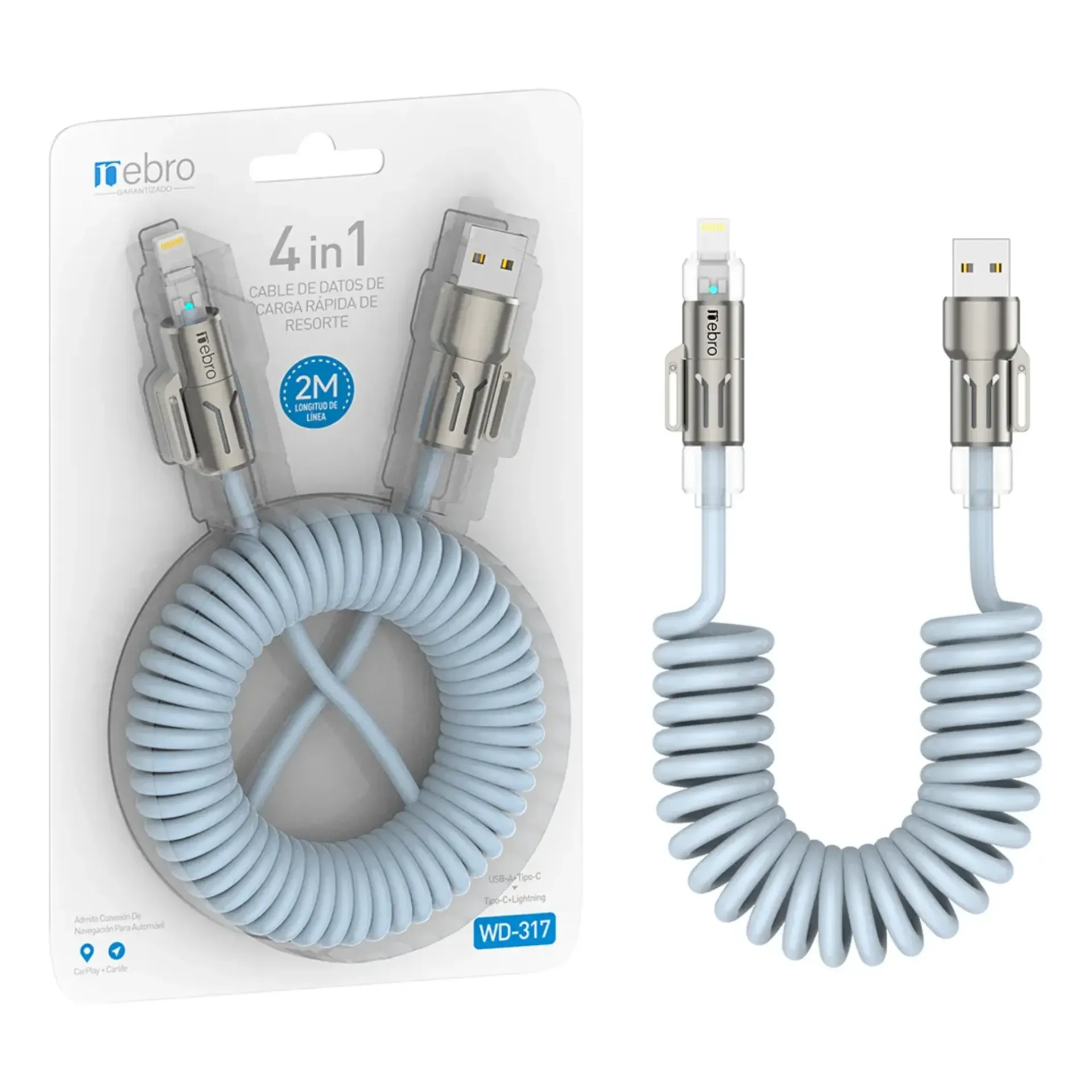 [129485] CABLE NEBRO WD-317 DATOS DE CARGA RAPIDA DE RESORTE 4 EN 1 2M (Azul)