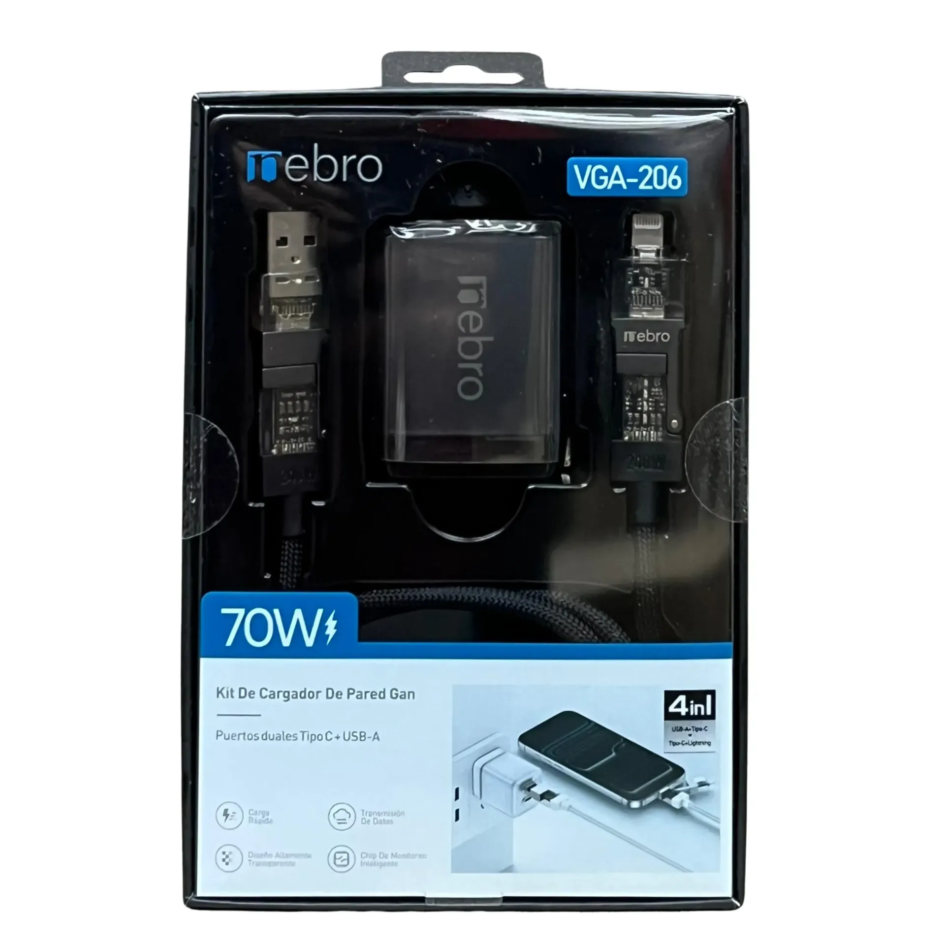 CARGADOR NEBRO VGA-206 COMBO DE PARED GAN 4 EN 1 70W