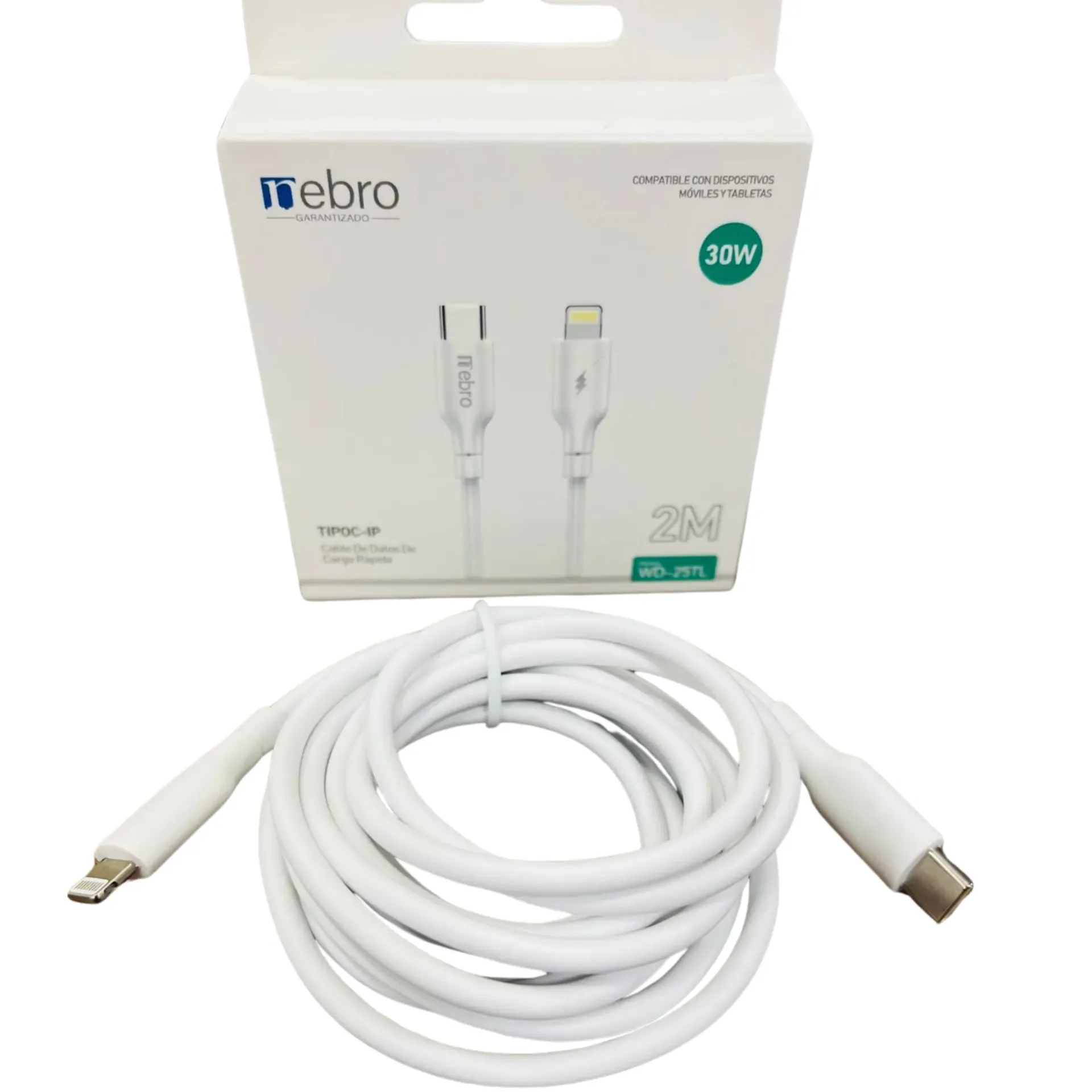 [105276] CABLE NEBRO WD-25TL DATOS DE CARGA RAPIDA TIPO-C A LIGHTNING 30W 2M (Blanco)