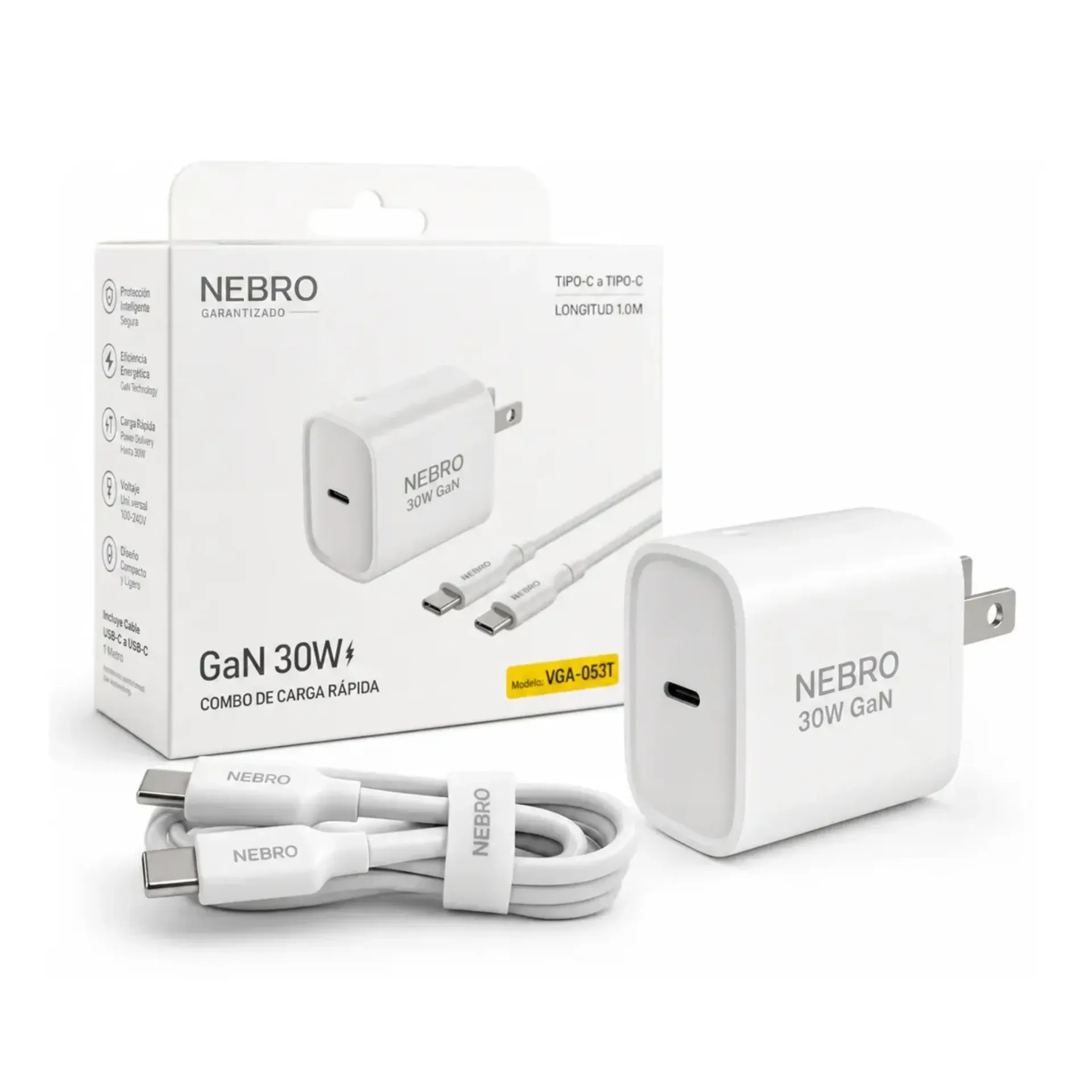 [122163] CARGADOR NEBRO VGA-053T COMBO GAN TIPO-C A TIPO-C 30W CABLE 1M (Blanco)